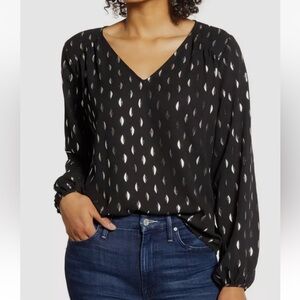 TAHARI Silver metallic Printed Black Chiffon V-Neck Blouse - Size S